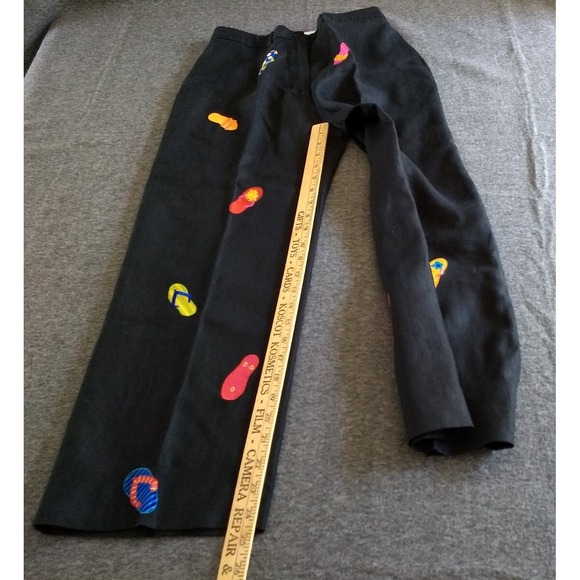 Deane & White 100% Linen‎ Pants Black Cropped Embroidered Flip Flops Womens 8 - Picture 12 of 16
